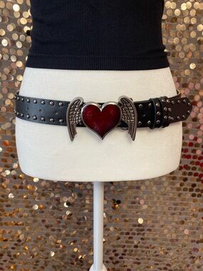 Black studded belt with heart and wings buckle #311